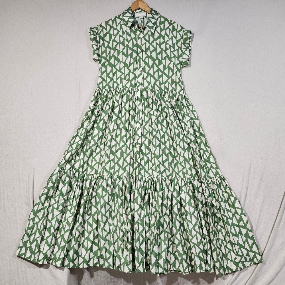 Pinch Green White Geometric Triangle Tiered Maxi Shirt Dress Pockets Medium Boho